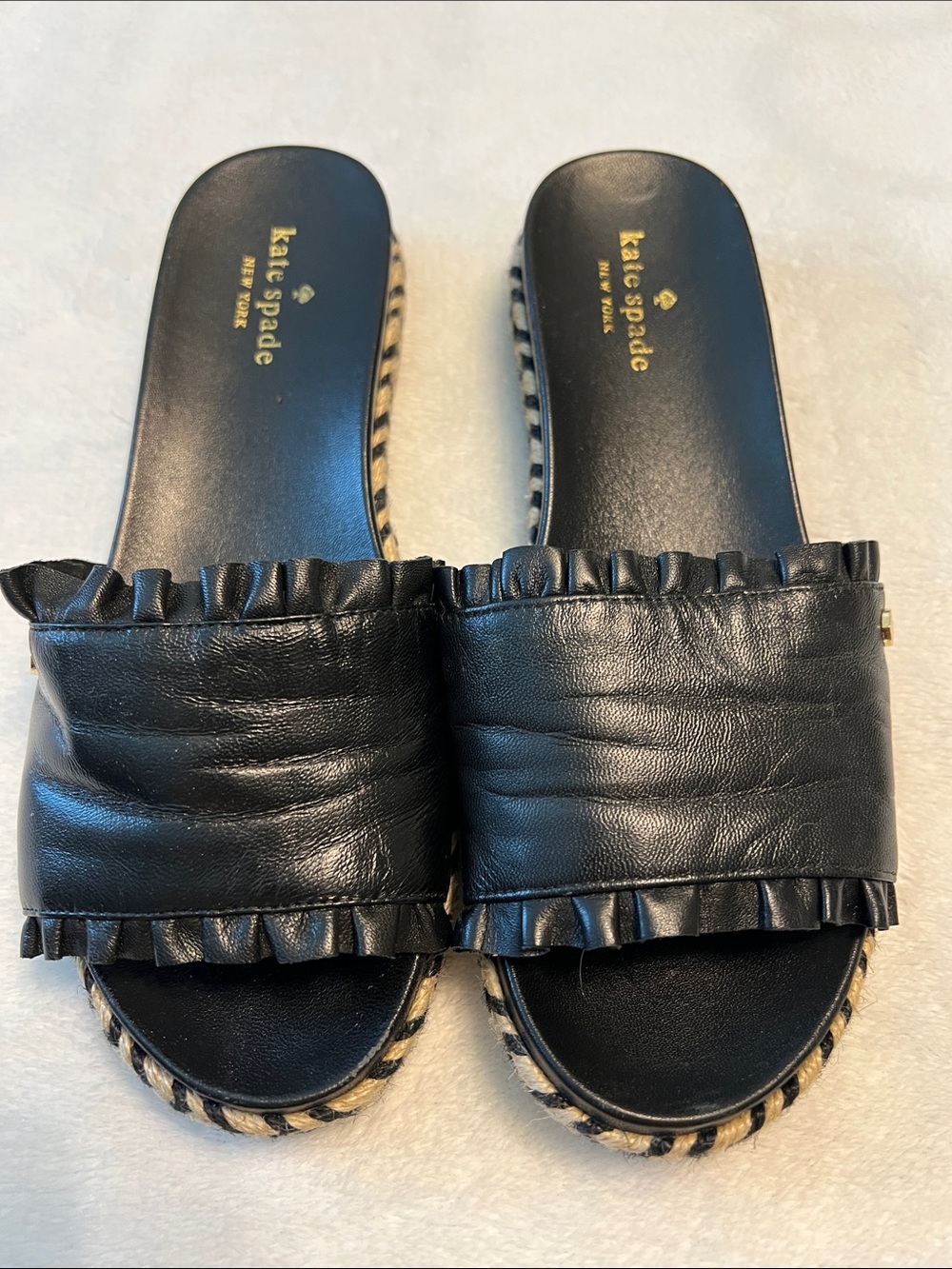 kate spade Black Leather Ruffle Espadrille Slide Mules size 7.5